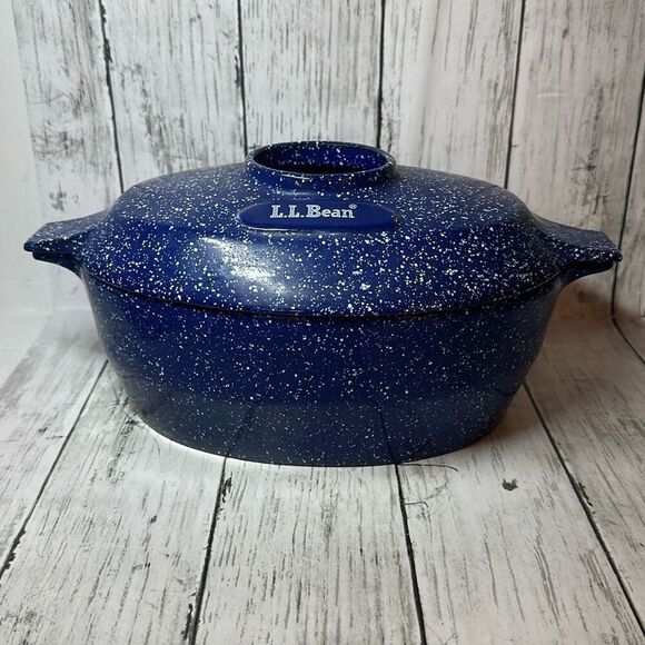 Vintage LL Bean Cast Iron Enameled Cast Iron Steamer Pot Speckled Blue - Picture 1 of 8
